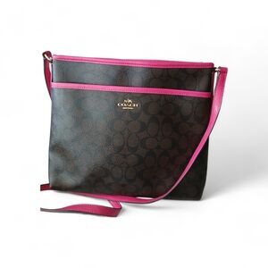 Coach Signature Brown and Fuchsia Crossbody File Bag